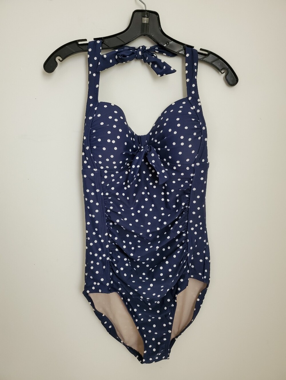 Navy Blue & White Polka Dot Halter Tie Pinup Girl Style One Piece Swimsuit
